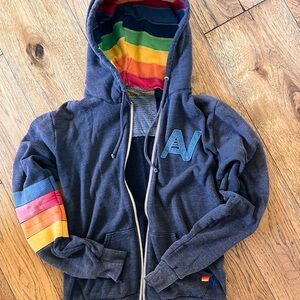 Aviator Nation Signature Navy rainbow color stripe zip up hoodie